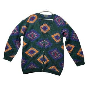 Vintage Cricket Hand Knit Wool Cardigan Sweater Women’s Medium Green Cottagecore